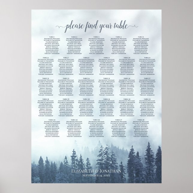 Affiche Plan de table de mariage Misty Blue Pines 28 table (Devant)