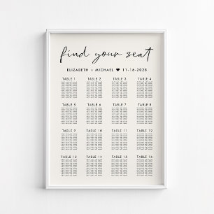 Affiche Plan de table de mariage moderne crème pour 16 tab