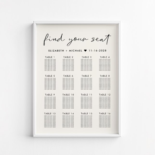 Affiche Plan de table de mariage moderne crème pour 16 tab (Créateur téléchargé)