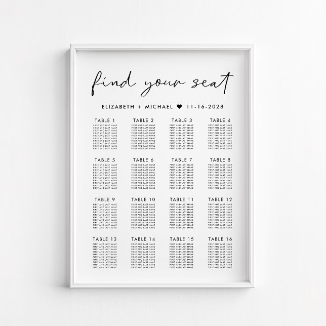Affiche Plan de table de mariage moderne pour 16 tables (Créateur téléchargé)