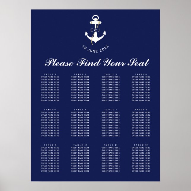Affiche Plan de table de mariage nautique Ancre élégante (Devant)