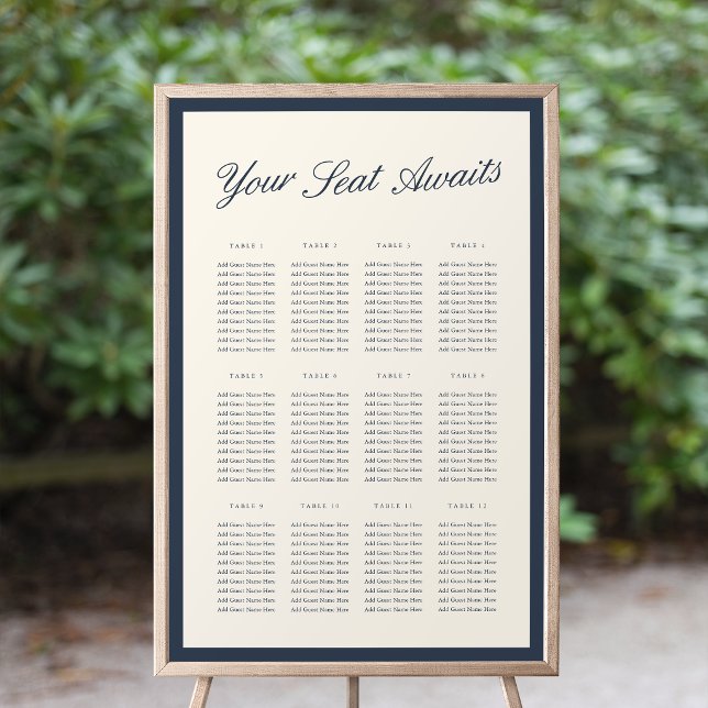 Affiche Plan de table de mariage Navy & Ecru Classic Scrip (Créateur téléchargé)