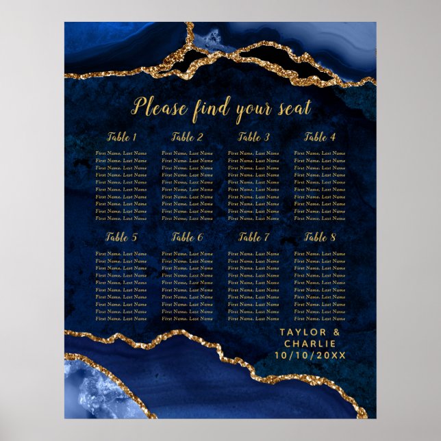 Affiche Plan de table de mariage Navy Gold Agate 8 tables (Devant)