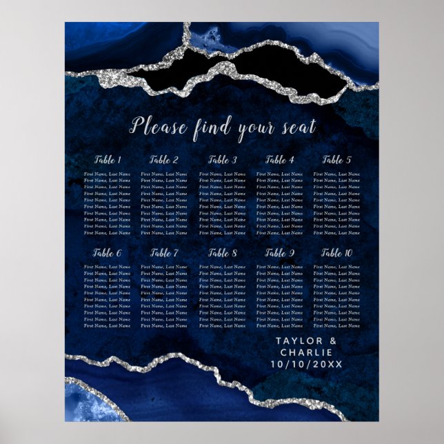 Affiche Plan de table de mariage Navy Silver Agate 10 tabl (Devant)