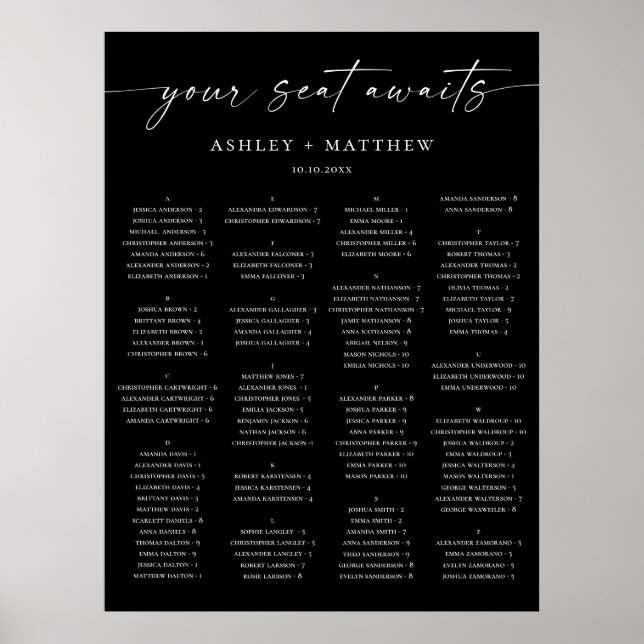 Affiche Plan de table de mariage noir | Alphabétique éléga (Devant)