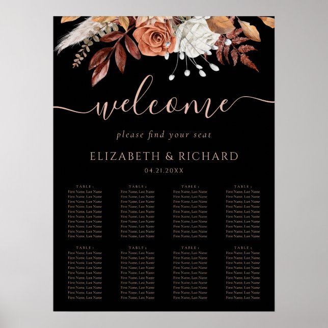 Affiche Plan de table de mariage noir avec fleurs en terre (Devant)