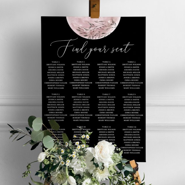 Affiche Plan de table de mariage noir céleste | Lune rose (Créateur téléchargé)
