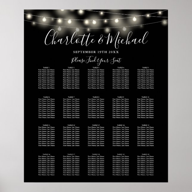 Affiche Plan de table de mariage noir et blanc avec guirla (Devant)