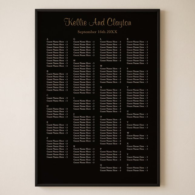 Affiche Plan de table de mariage noir simple pour 160 pers (Créateur téléchargé)