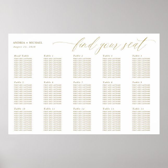 Affiche Plan de table de mariage or Calligraphie élégante (Devant)