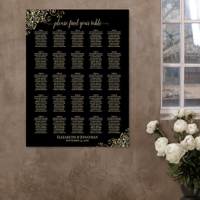Affiche Plan de table de mariage or et noir à 25 tables (In Situ on Wall)