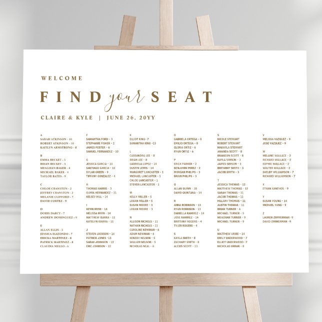 Affiche Plan de table de mariage or minimal alphabétique (Créateur téléchargé)