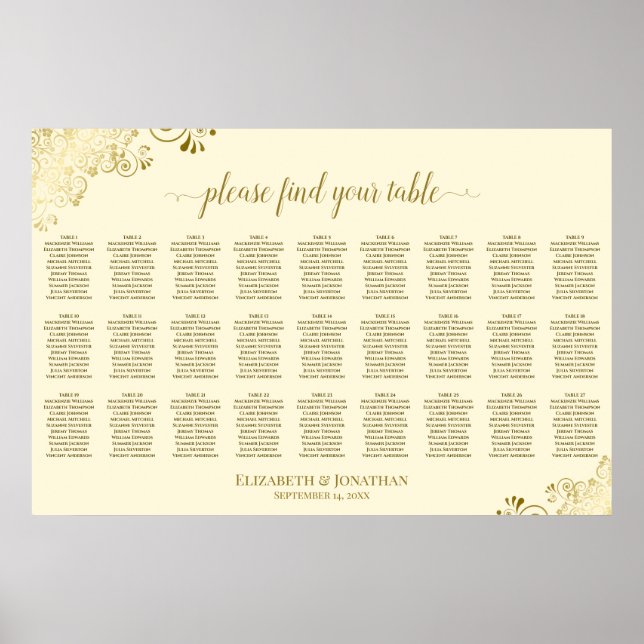 Affiche Plan de table de mariage Orné Or & Crème 27 (Devant)