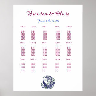 Affiche Plan de table de mariage Paon Bleu Royal