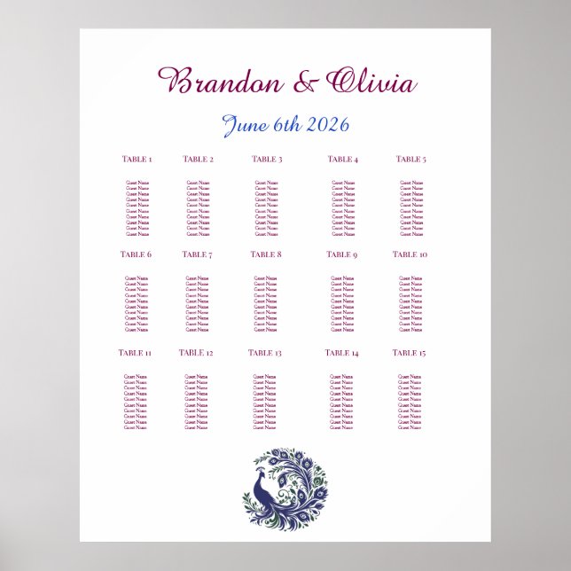 Affiche Plan de table de mariage Paon Bleu Royal (Devant)