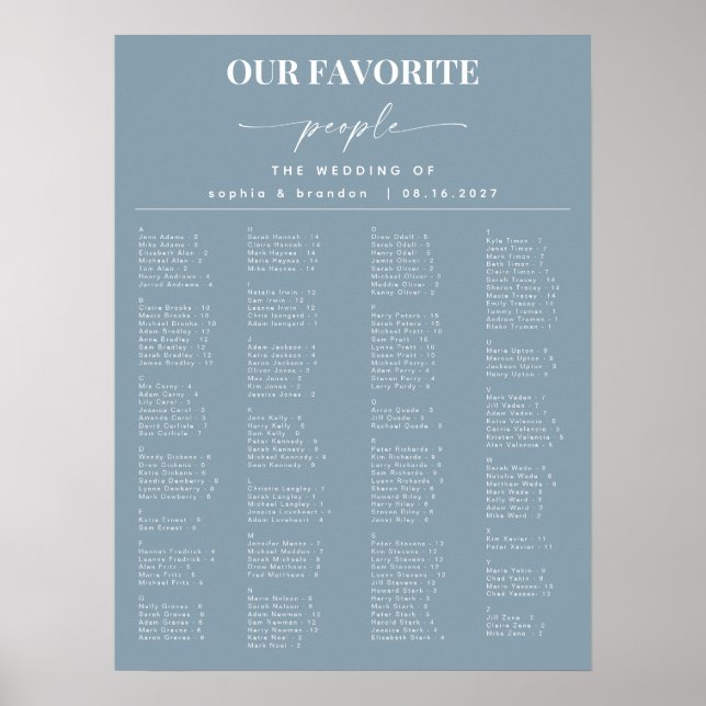 Affiche Plan de table de mariage par ordre alphabétique bl (Devant)