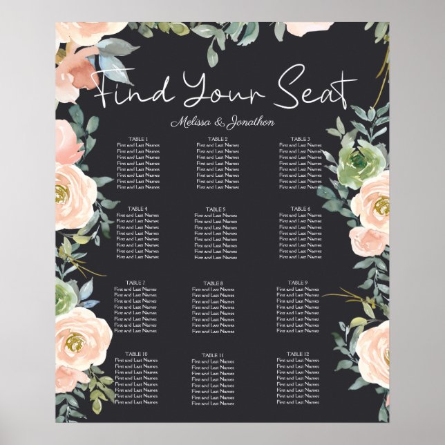 Affiche Plan de table de mariage pastel vert pêche marine (Devant)