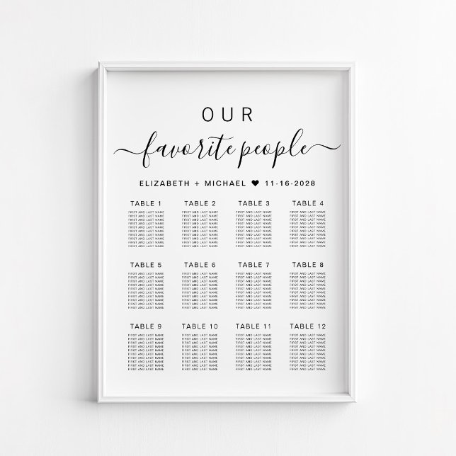 Affiche Plan de table de mariage pour 12 tables avec les p (Créateur téléchargé)