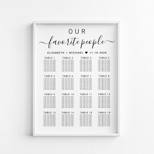 Affiche Plan de table de mariage pour 16 tables avec les p (Créateur téléchargé)