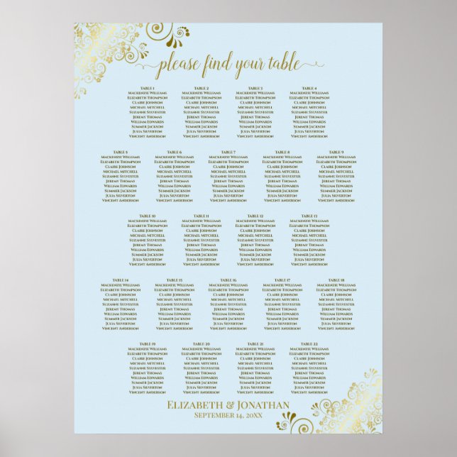 Affiche Plan de table de mariage Powder Blue & Gold 22 (Devant)