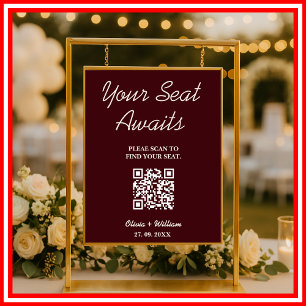 Affiche Plan de table de mariage QR Bourgogne & Ivoire Rus