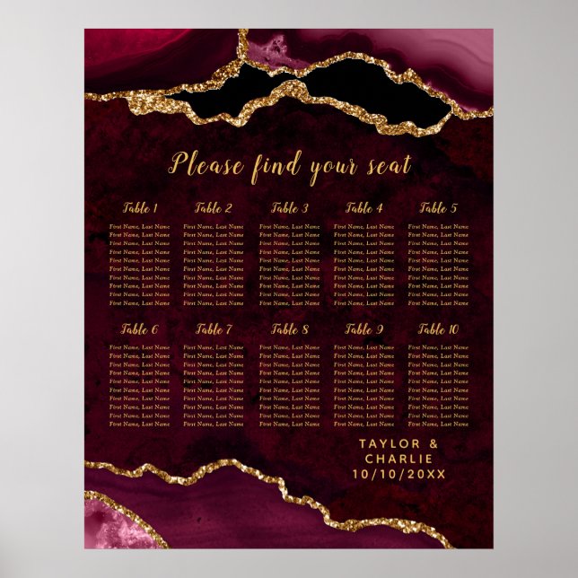 Affiche Plan de table de mariage Red Gold Agate 10 tables (Devant)