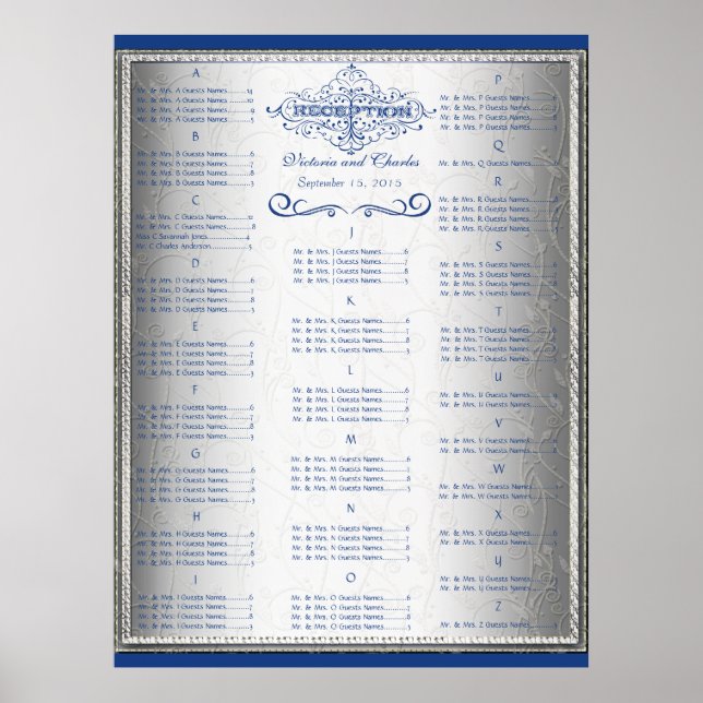 Affiche Plan de table de mariage rétro bleu et argent (Devant)
