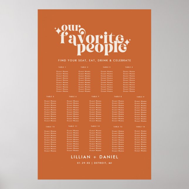 Affiche Plan de table de mariage rétro moderne orange 14 (Devant)