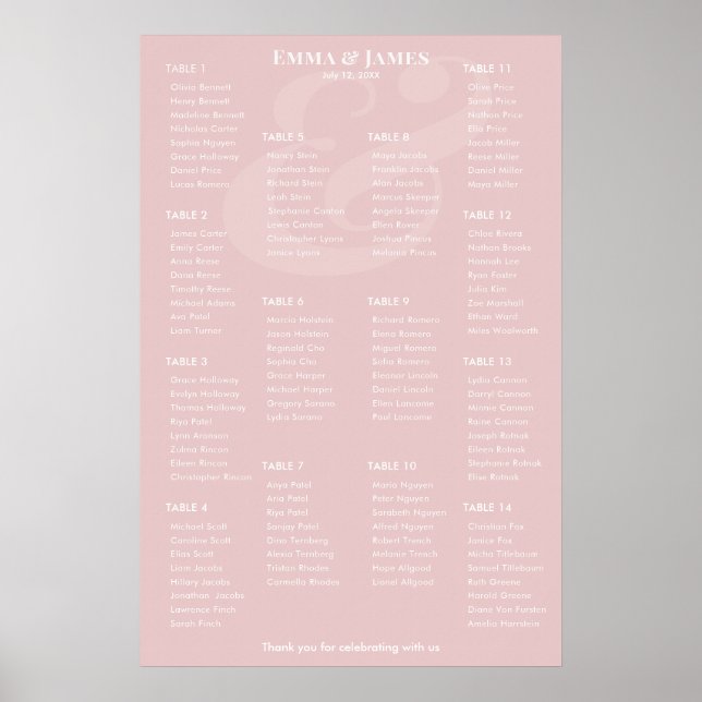 Affiche Plan de table de mariage REVERSE Blush Ampersand | (Devant)