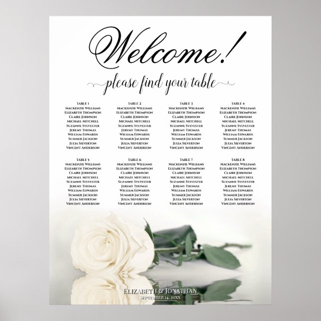 Affiche Plan de table de mariage Rose blanche de la table  (Devant)
