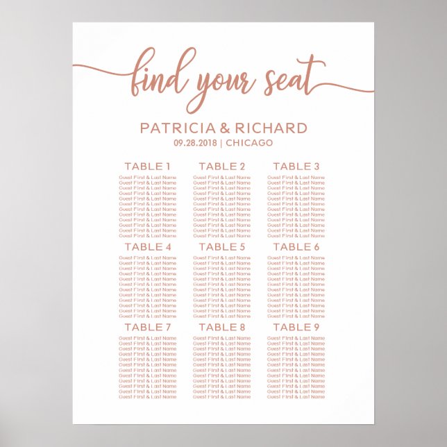 Affiche Plan de table de mariage Rose Gold Chic Calligraph (Devant)