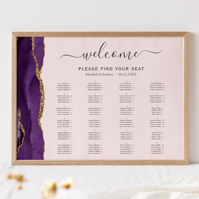 Affiche Plan de table de mariage Rose Pâle Agate Or Violet (Créateur téléchargé)