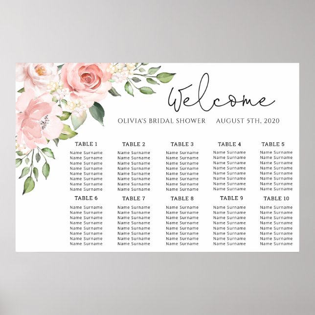 Affiche Plan de table de mariage rose poudré floral (Devant)