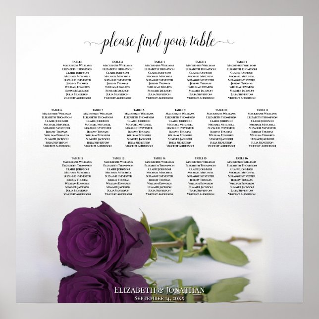 Affiche Plan de table de mariage Rose Pourpre Foncé 16 tab (Devant)