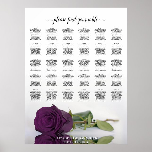 Affiche Plan de table de mariage Rose Pourpre Prune 30 tab (Devant)