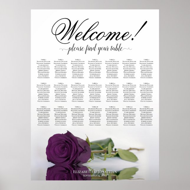 Affiche Plan de table de mariage Rose Pourpre Table 21 (Devant)