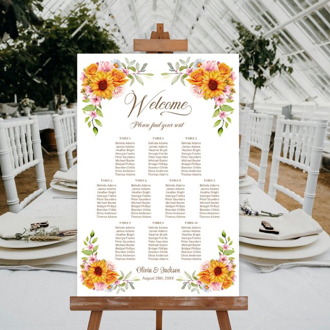 Affiche Plan de table de mariage Rose Tournesol 10 Tables (Créateur téléchargé)