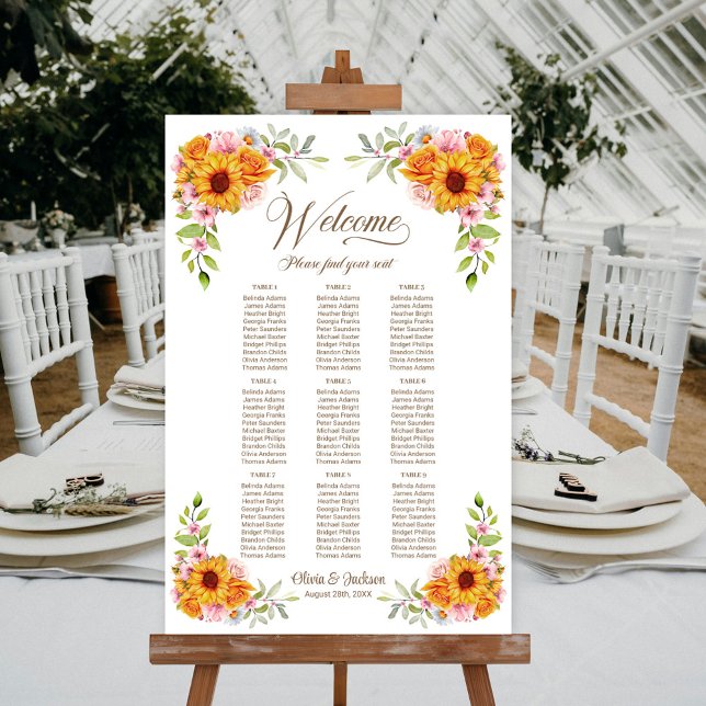 Affiche Plan de table de mariage Rose Tournesol 9 tables (Créateur téléchargé)