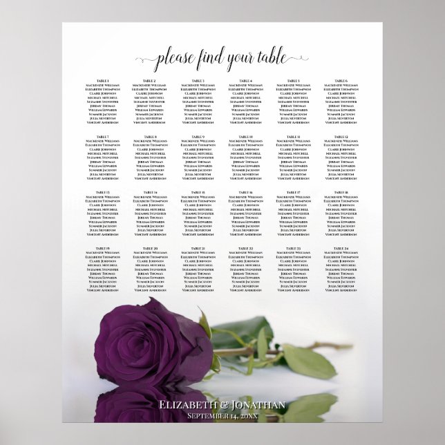 Affiche Plan de table de mariage Rose Violet Pourpre 24 (Devant)