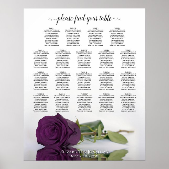 Affiche Plan de table de mariage Rose Violet Prune 19 Tabl (Devant)