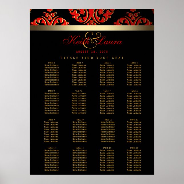 Affiche Plan de table de mariage rouge, noir et or (Devant)