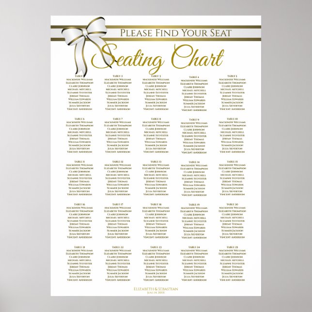 Affiche Plan de table de mariage ruban blanc et or 25 tabl (Devant)