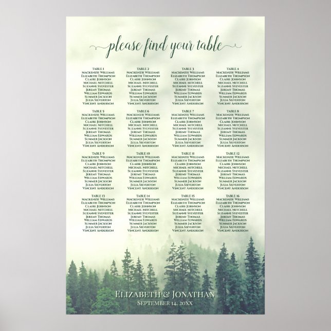 Affiche Plan de table de mariage rustique de 16 tables dan (Devant)