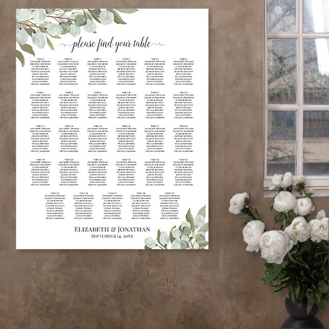 Affiche Plan de table de mariage rustique Eucalyptus 29 ta (In Situ on Wall with Flowers)
