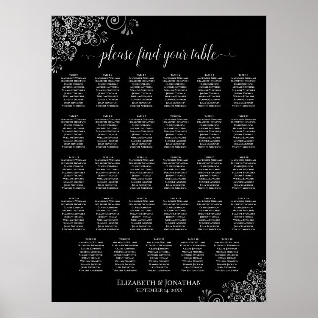 Affiche Plan de table de mariage Silver Curls Noir 29 (Devant)