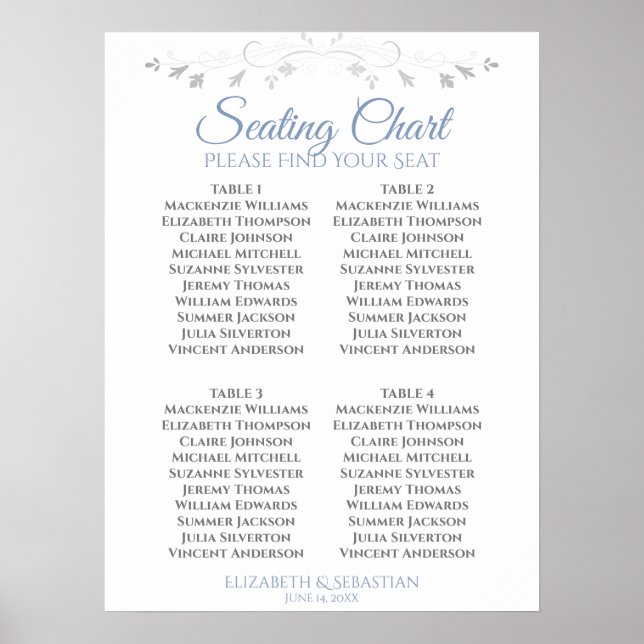 Affiche Plan de table de mariage simple 4 tables Bleu & Gr (Devant)