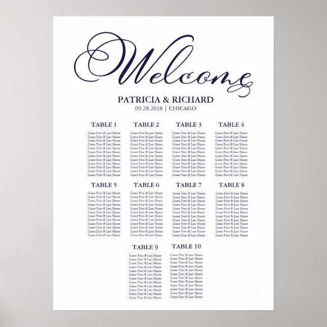 Affiche Plan de table de mariage simple avec 10 tables (Devant)