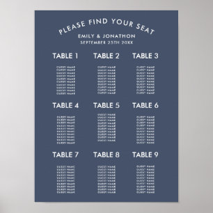 Affiche Plan de table de mariage simple bleu marine poussi