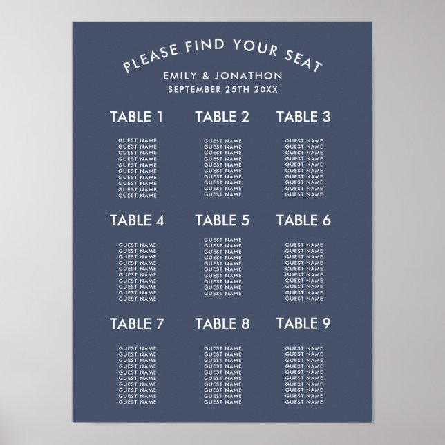 Affiche Plan de table de mariage simple bleu marine poussi (Devant)