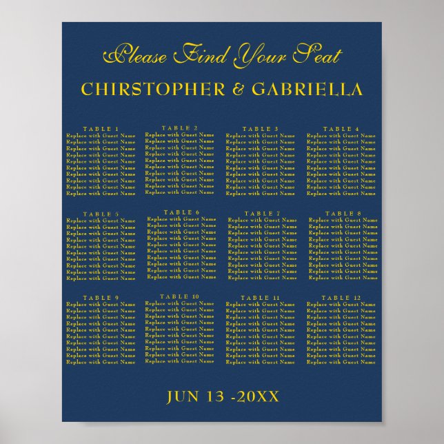 Affiche Plan de table de mariage simple en bleu marine et  (Devant)